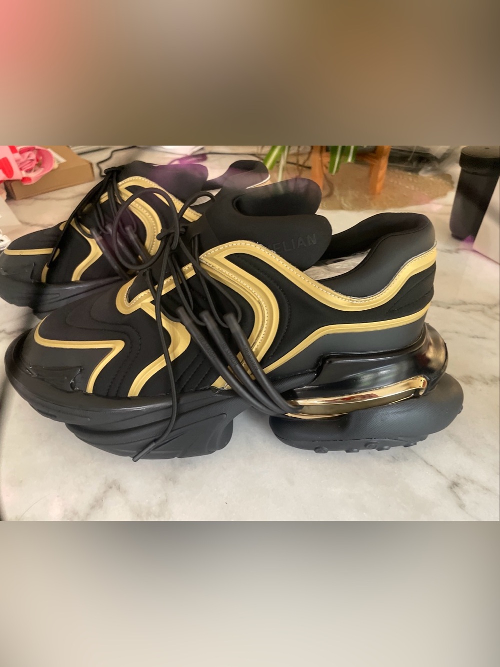 New size 44 U.S. 10.5 Bamelian Black and Gold Men’s Athletic Sneakers Shoes